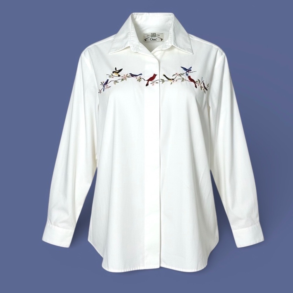 Orvis Womens White Embroidered Bird Cardinal Bluebird Button Down Shirt Size 6